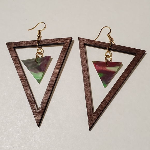 Wood & Colored Acrylic 3" Earrings Triangle Shape - Picture 2 of 5